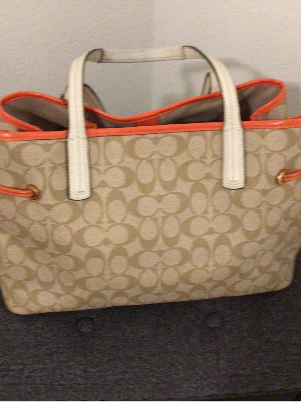 Coach Beige and Orange Stripe Canvas Tote with White Accents - Picture 2 of 6